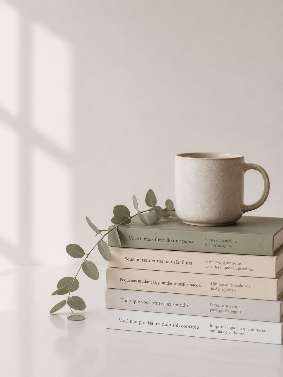Livros com xícara e ramo de eucalipto